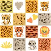 Patchwork with tiger, leopard, cheetah, lynx. Vector illustration of baby seamless pattern