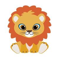 Cute lion baby on white background. Vector illustration of wild animal in childish cartoon flat style.