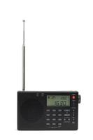 Digital radio receiver with extended antenna white background. photo