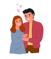 The couple hugs. A guy and a girl in love hug each other. Happy young man and woman together. Vector graphics.