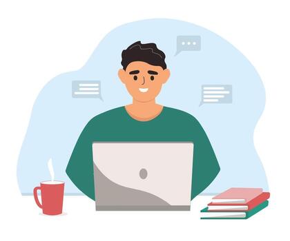 un hombre está sentado en una computadora portátil. el tipo estudia, trabaja como operador, gerente, se comunica de forma remota en línea. gráficos vectoriales vector