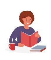 The girl is reading a book, teaching, preparing for exams. The student is engaged. Vector graphics.