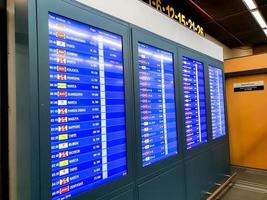 Bangkok, Thailand, 2019 - Closeup and perspective view of flight schedule in Bangkok International Airport to showing the number of airlines to flight and the terminal gate for tourists. photo