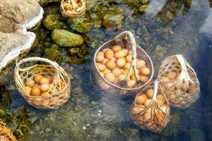 A basket of eggs for tourists that are boiled in mineral and natural hot water at Chae Son National Park, Lampang, Thailand. photo