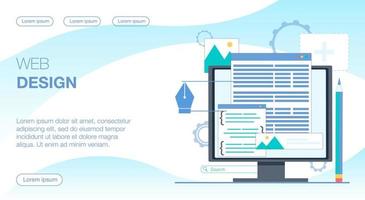 Web design. The monitor shows the website design windows. Flat vector illustration.