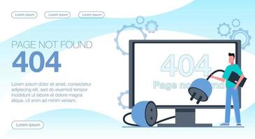 A 404 not found error. A man stands next to a monitor that shows a 404 error. Flat vector illustration.