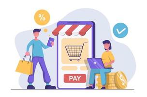 A man with a bag is shopping at an online shop from his smartphone, he has a bubble with discounts over his head. Next to him a woman is sitting on gold coins and shopping from her laptop. vector