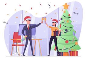 hombres de negocios en la oficina bebiendo champán y celebrando la navidad, el árbol de navidad está recortado, ambiente de año nuevo vector