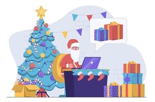 Santa Claus with a laptop reading letters, next to a Christmas tree and presents