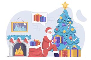 Santa Claus brought presents in a bag and put them under the Christmas tree, with the fireplace in the background