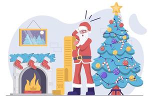 santa claus lee su lista de deseos y se sorprende, con un árbol de navidad y una chimenea en la parte de atrás vector