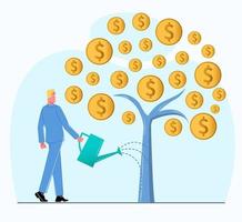 A business man holds a watering can and waters a tree with coins, which symbolizes business growth flat vector illustration
