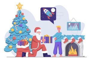 Santa Claus gives a gift to a little boy, with a fireplace and a Christmas tree in the back vector