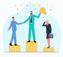 successful businessman stands on a podium won a business award a prize and holds a cup above his head shakes hands with a colleague around a team woman with a briefcase vector