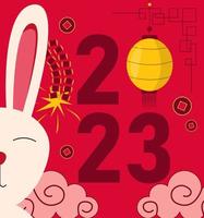 Chinese New Year. Lettering 2023 with a rabbit, Chinese lanterns, coins, clouds and flowers vector