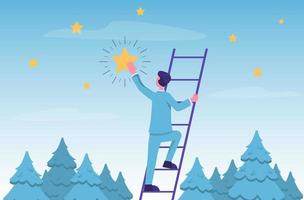 Searching for opportunities. A businessman on a ladder takes a star out of the sky vector