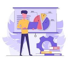 Financial analysis. Businessman does business analytics on a chart, with books and a pinion next to it vector