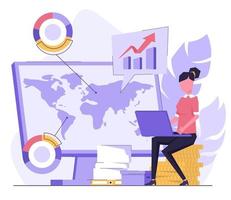 Digital business. A woman with a laptop sitting on a coin, with a map of the world and diagrams on the screen vector