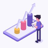 Business statistics. A man performs a financial analysis of data vector