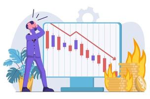 Stock market crash. Schedule drops, money burns, businessman desperate. vector