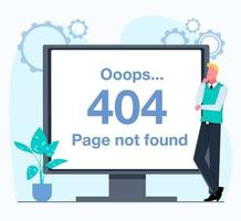 A 404 not found error. A man stands next to a monitor that shows a 404 error. Flat vector illustration.