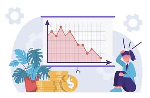 Crash in performance. Businesswoman in despair because of the drop in numbers on the chart. vector