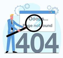 A 404 not found error. The businessman is holding a magnifying glass, it showed a 404 error. Flat vector illustration.