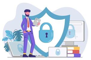 Cyber security. A businessman stands next to a shield that protects his devices. vector