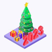 Christmas. New Year. Isometric. Christmas tree with gifts and inscription 2023 vector