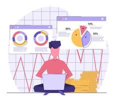 negocios digitales un hombre trabaja en una computadora portátil. junto a gráficos y tablas. vector