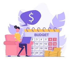 analizando presupuesto. una mujer con una laptop sentada en un sillón, un calendario y monedas a su lado vector