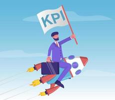 Key performance indicators. Businessman flying a rocket and holding a flag with KPI written on it vector