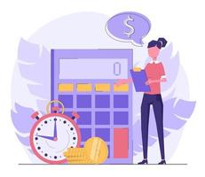 Analyzing budget. A woman standing next to a clock and a calculator vector