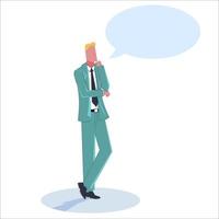 A businessman in a business suit is thinking, he has a blank dialog box or bubble above his head. Template for inscriptions. Flat vector illustration.