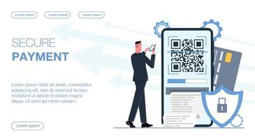 a businessman makes a secure payment from his phone using a card and a QR code flat vector illustration