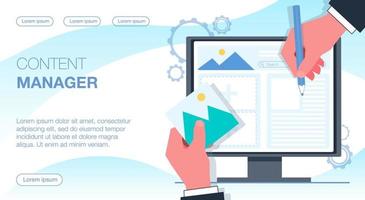 The content manager fills the website with information. A hand with a pencil writes text. The hand with the photo uploads the photo. Flat vector illustration.
