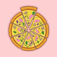 Sliced pizza with sausage, ham, prosciutto, peppers, onions, basil, mushrooms, olives and cheese. Flat vector illustration.