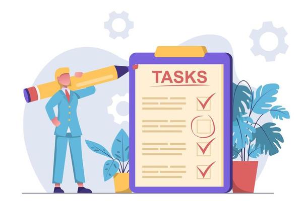 Personal productivity. A businesswoman marks tasks completed with a marker on a clipboard