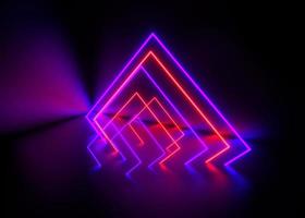 3d render, ultraviolet neon triangular portal, glowing lines, tunnel, corridor, virtual reality, abstract fashion background, violet, white and blue neon lights. photo