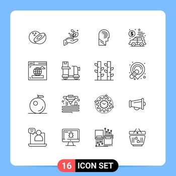 Mobile Interface Outline Set of 16 Pictograms of web browser manipulate money car Editable Vector Design Elements