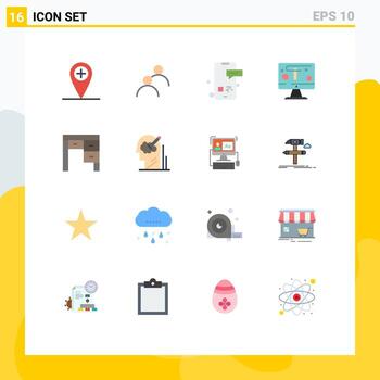 Editable Vector Line Pack of 16 Simple Flat Colors of desk graphics message display computer Editable Pack of Creative Vector Design Elements