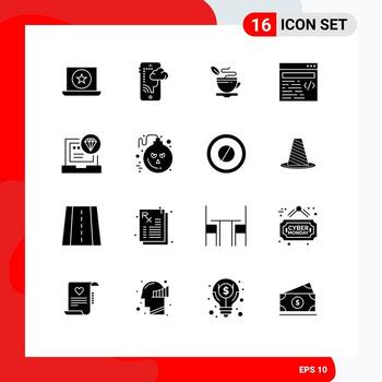 paquete de 16 signos y símbolos de glifos sólidos modernos para medios de impresión web, como elementos de diseño de vectores editables web de texto de aplicación de código
