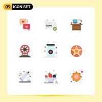 9 User Interface Flat Color Pack of modern Signs and Symbols of play fun desk wheel place Editable Vector Design Elements