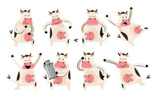 set of black and white cow cartoon character vector illustration