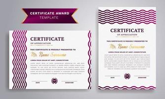 Certificate of appreciation template, magenta and purple color luxury badge and modern line pattern. Clean modern certificate with gold badge. For award, business, and education needs. vector