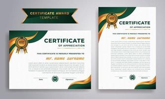 Green and gold certificate of appreciation template. Luxury badge and modern line pattern. For award, business, and education needs. vector