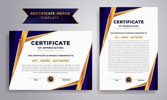 Blue and gold certificate of appreciation border template with luxury badge and modern line pattern. For award, business, and education needs. vector