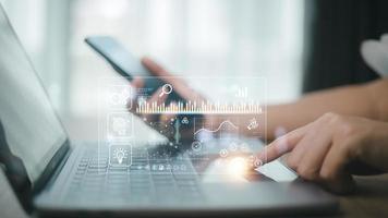 Data scientists. Woman programmer using laptop analyzing and development at various information on futuristic virtual interface screen. Algorithm. marketing and deep learning photo