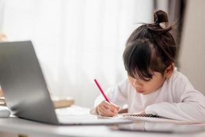 Asian schoolgirl doing her homework with laptop at home. Children use gadgets to study. Education and distance learning for kids. Homeschooling during quarantine. Stay at home photo