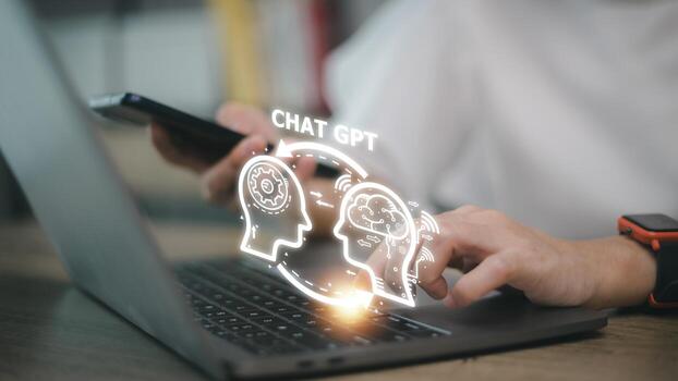 ChatGPT Chat with AI or Artificial Intelligence. woman chatting with a smart AI or artificial intelligence using an artificial intelligence chatbot developed by OpenAI. photo